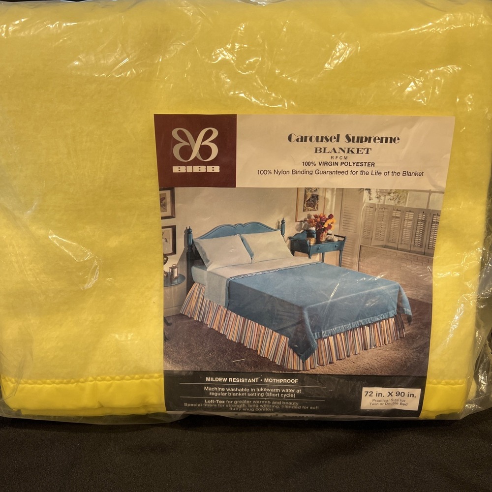 Vtg BIBB Carousel Supreme Polyester Blanket Nylon Binding Twin/Full 72x90 Yellow